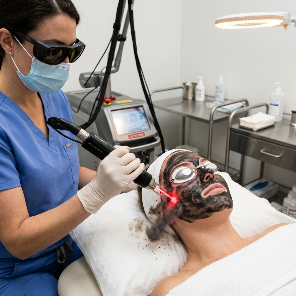 Carbon laser peel treatment on client's face