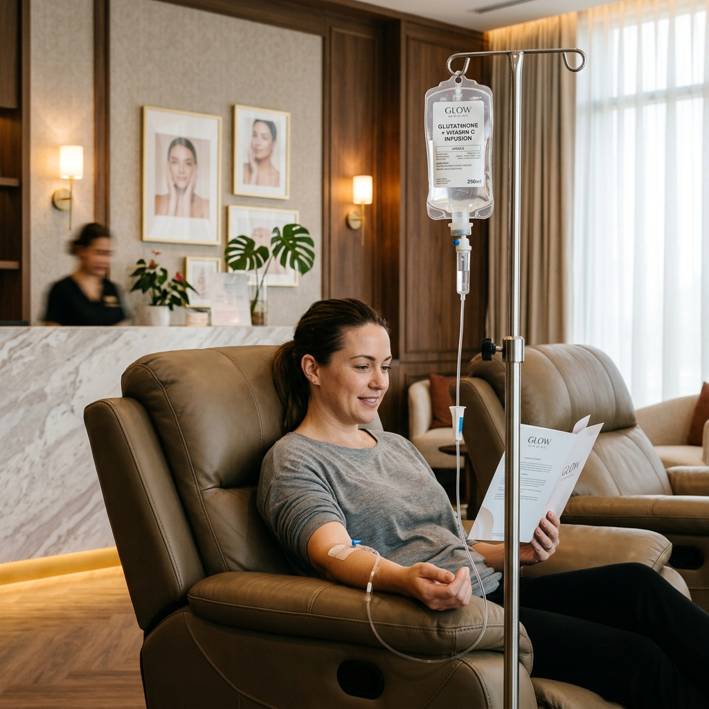 Patient receiving a glutathione IV infusion in a clinic