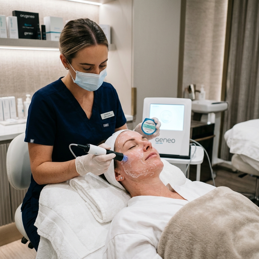 Oxygenating skincare treatment on patient's face