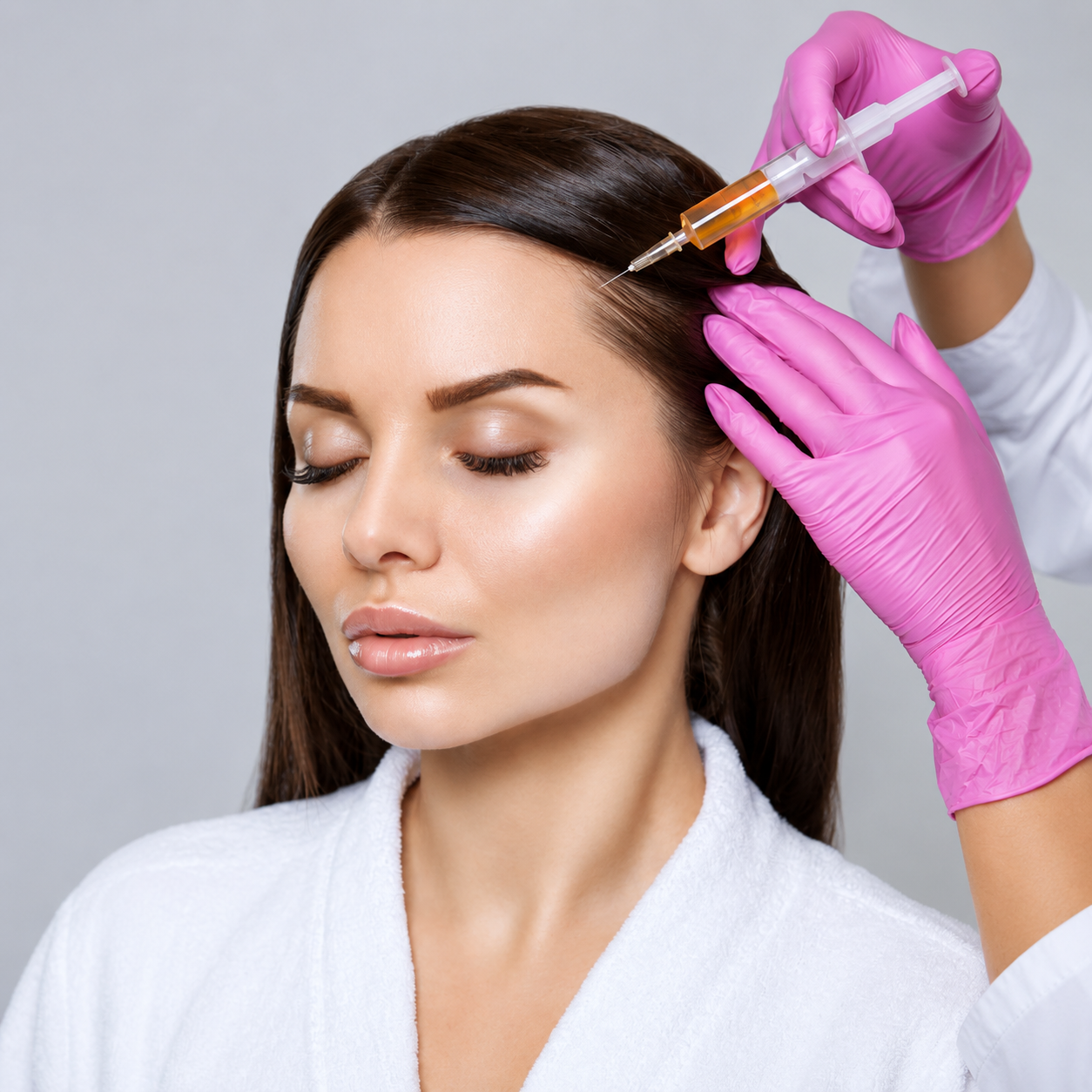 Woman with thick healthy hair after GFC hair treatment at Infinity Aesthetics